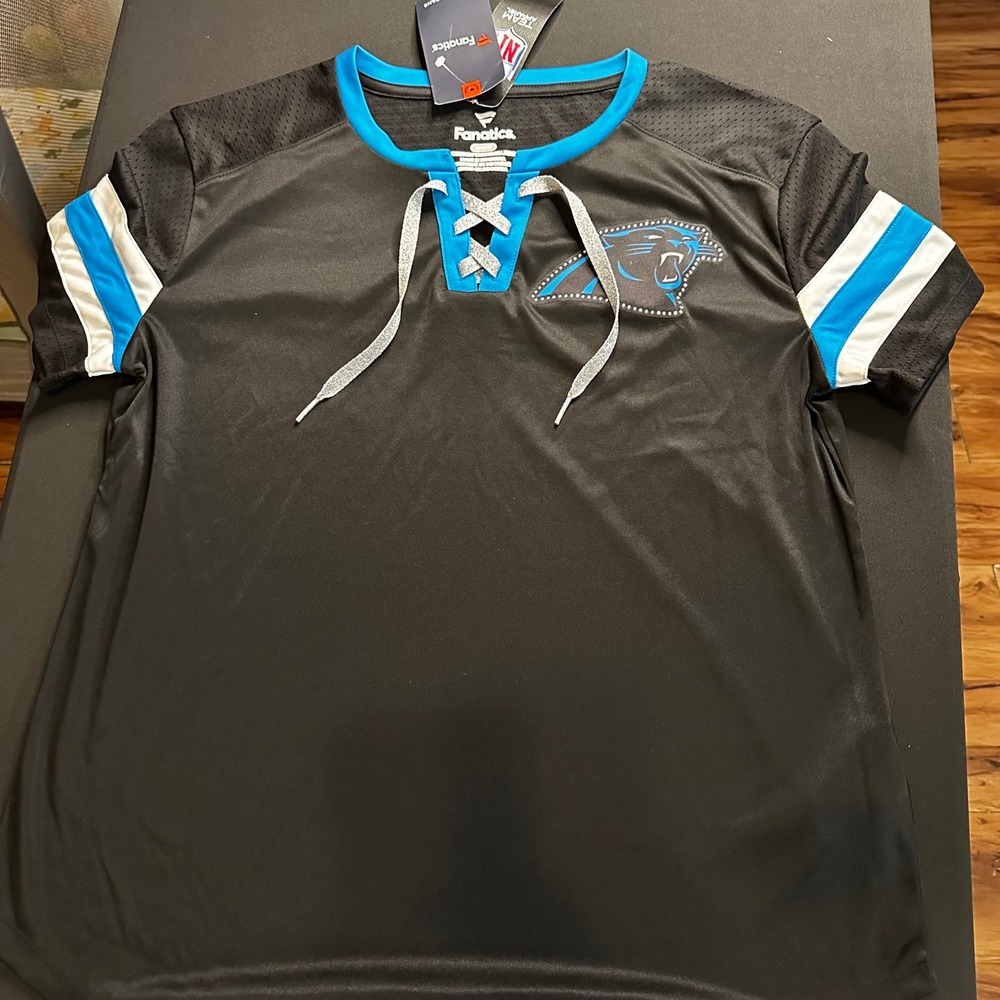Fanatics Carolina Panthers Womens Black Lace Up Rhinestone Jersey Shirt Medium